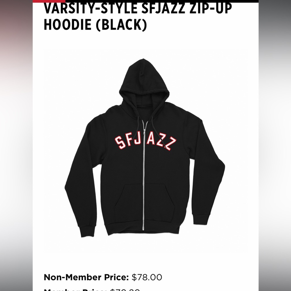 Men or women’s SFJAZZ varsity style front zip Hoodie with white letters, pockets